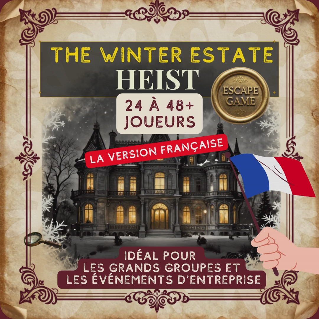 Découvrez The Winter Estate Heist Grand Groupe — animation fête de Noël entreprise à imprimer pour 24 à 48+ joueurs. Zéro préparation, aucun animateur requis. Téléchargement PDF instantané.