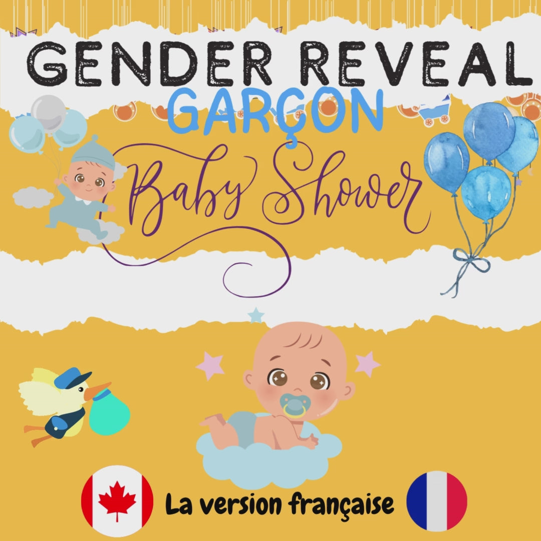 Vidéo du jeu de gender reveal garçon à imprimer montrant des moments excitants lors de la révélation