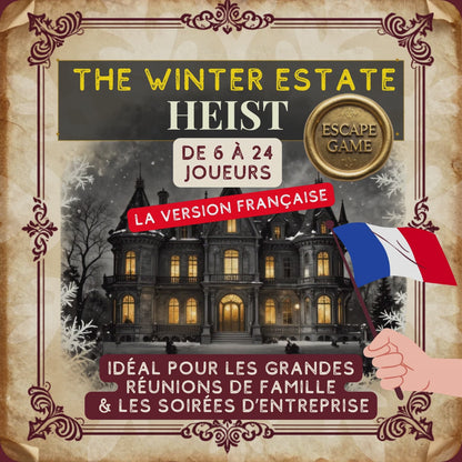 Découvrez comment fonctionne The Winter Estate Heist - un jeu d'enquête murder mystery à imprimer pour 6 à 24 joueurs. Aucune préparation requise. Parfait pour les soirées de Noël en famille, entre amis, et les animations fête de Noël entreprise à imprimer.