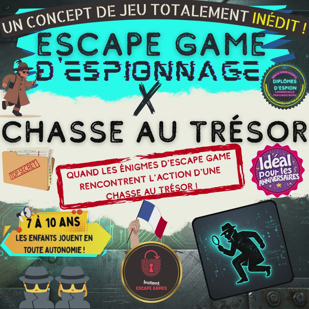 Vidéo promotionnelle animée expliquant le fonctionnement du kit d'anniversaire inédit mêlant escape game d'espionnage et chasse au trésor à la maison. Montre les 4 étapes simples d'installation et de jeu en totale autonomie pour les enfants de 7 à 10 ans.