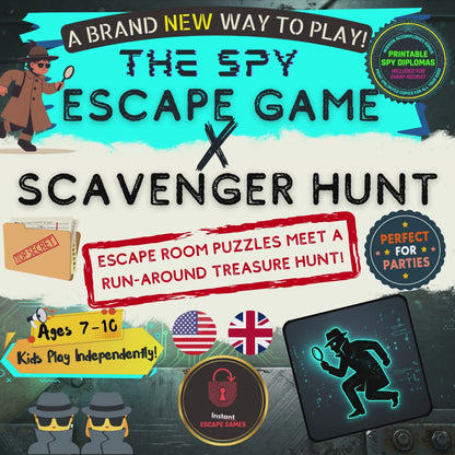Video trailer for the Spy Escape Game and Scavenger Hunt by Instant Escape Games. The animation shows the printable puzzles, the 4-step game flow, the interactive digital vault, and highlights that it is designed for teams of 2 or more players.