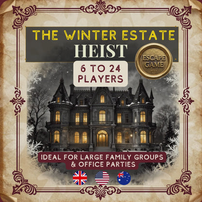 See how The Winter Estate Heist works - a printable murder mystery escape room for 6 to 24 players. No setup required. Perfect for office Christmas parties and large group events.