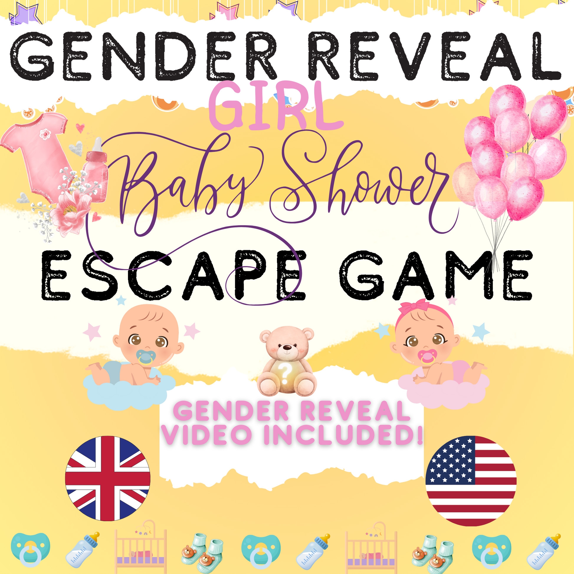 Video of the gender reveal escape game for baby girl shower, showing a fun and exciting reveal experience