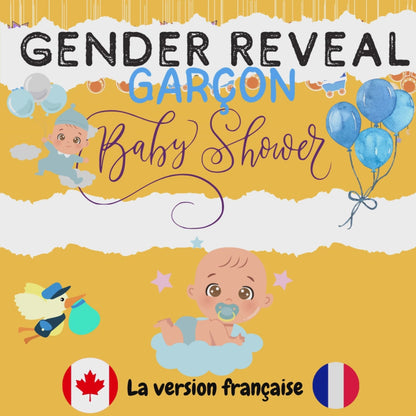 Jeu imprimable de gender reveal du bébé présenté à la maison, avec tous les accessoires nécessaires. Téléchargement instantané pour baby shower ou gender reveal.