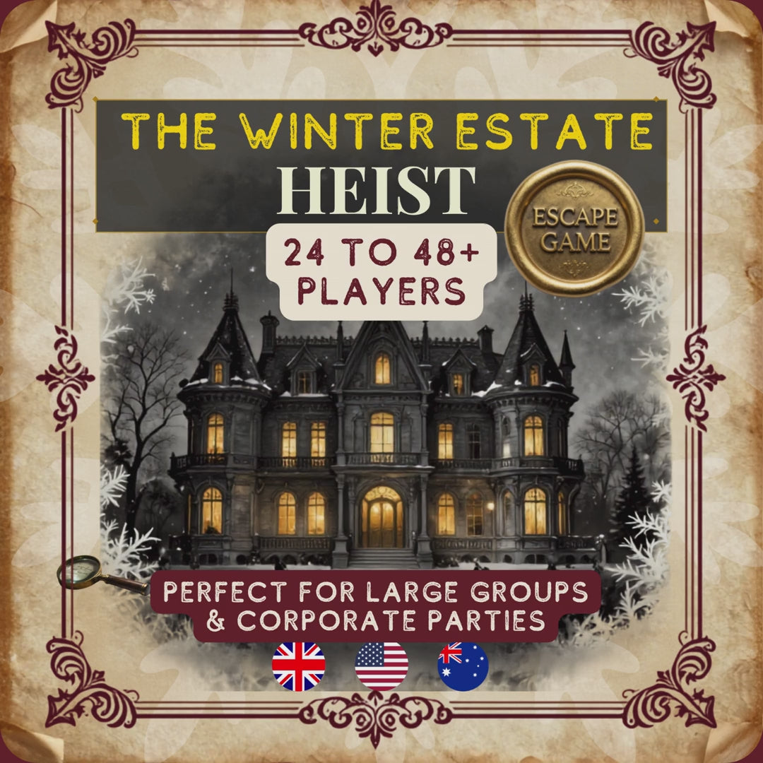 See how The Winter Estate Heist Large Group Edition works — a printable murder mystery escape room for 24 to 48+ players. No facilitator needed. Perfect for corporate Christmas parties, staff parties, company away days, and large group team building.