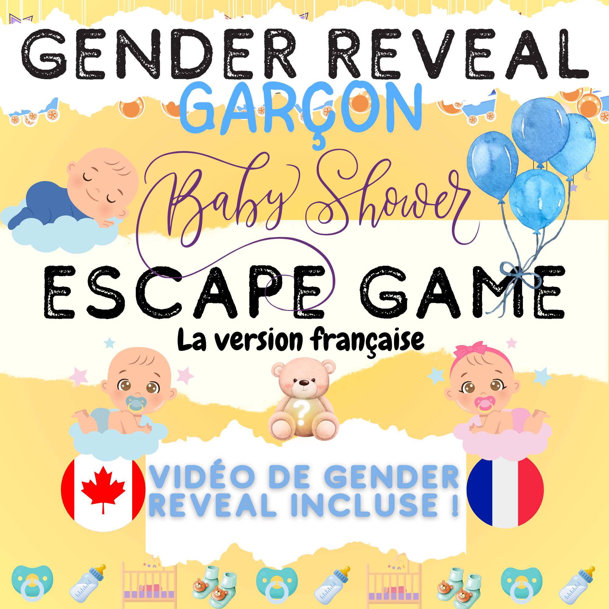 Jeu imprimable de gender reveal du bébé présenté à la maison, avec tous les accessoires nécessaires. Téléchargement instantané pour baby shower ou gender reveal.