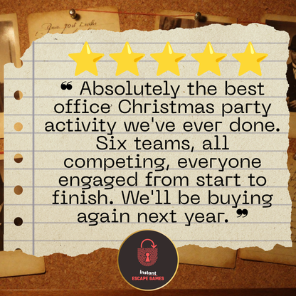  Five star review of The Winter Estate Heist — printable murder mystery escape room for corporate Christmas parties and large groups