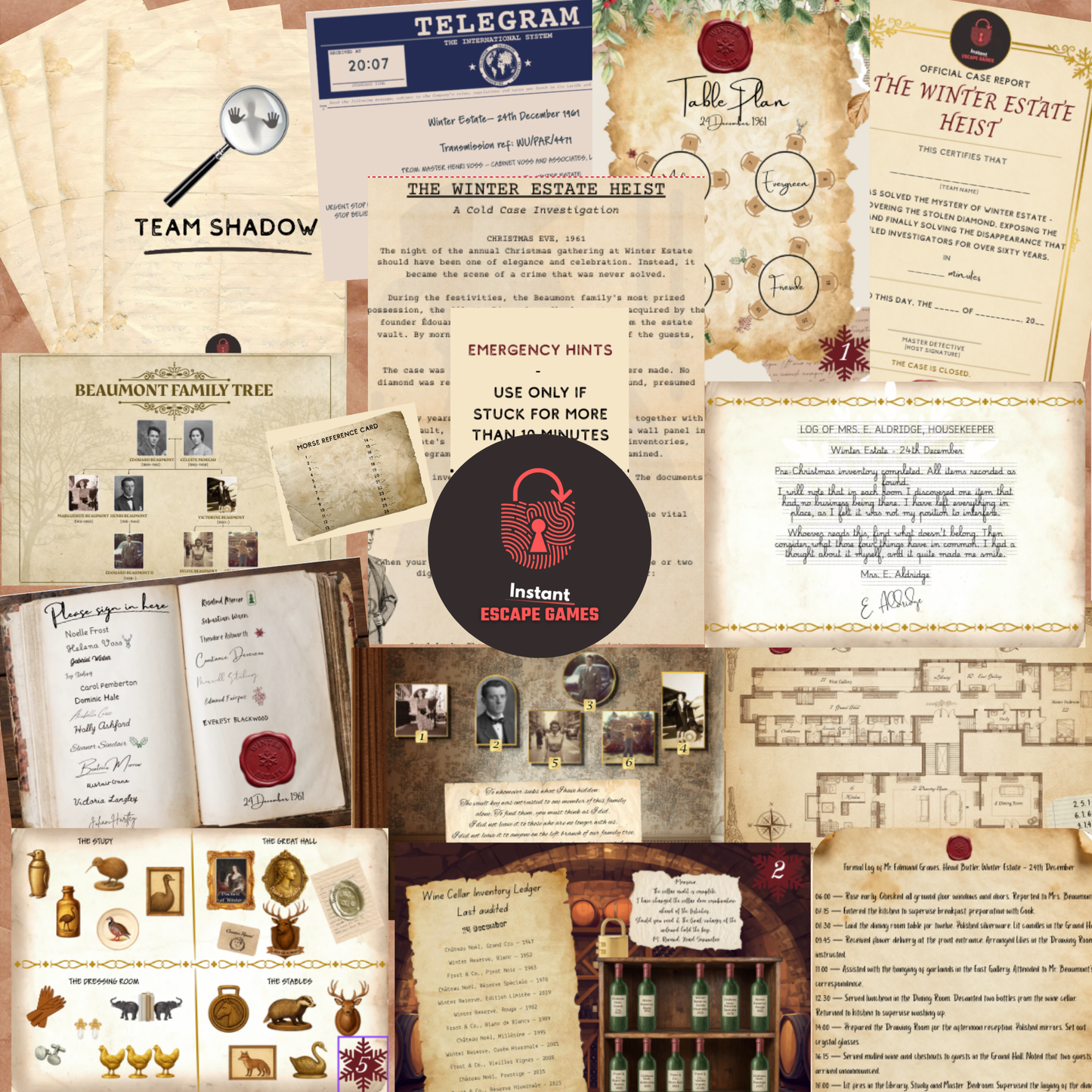 Printable murder mystery escape room puzzles for large groups - six clues and documents from The Winter Estate Heist Large Group Edition