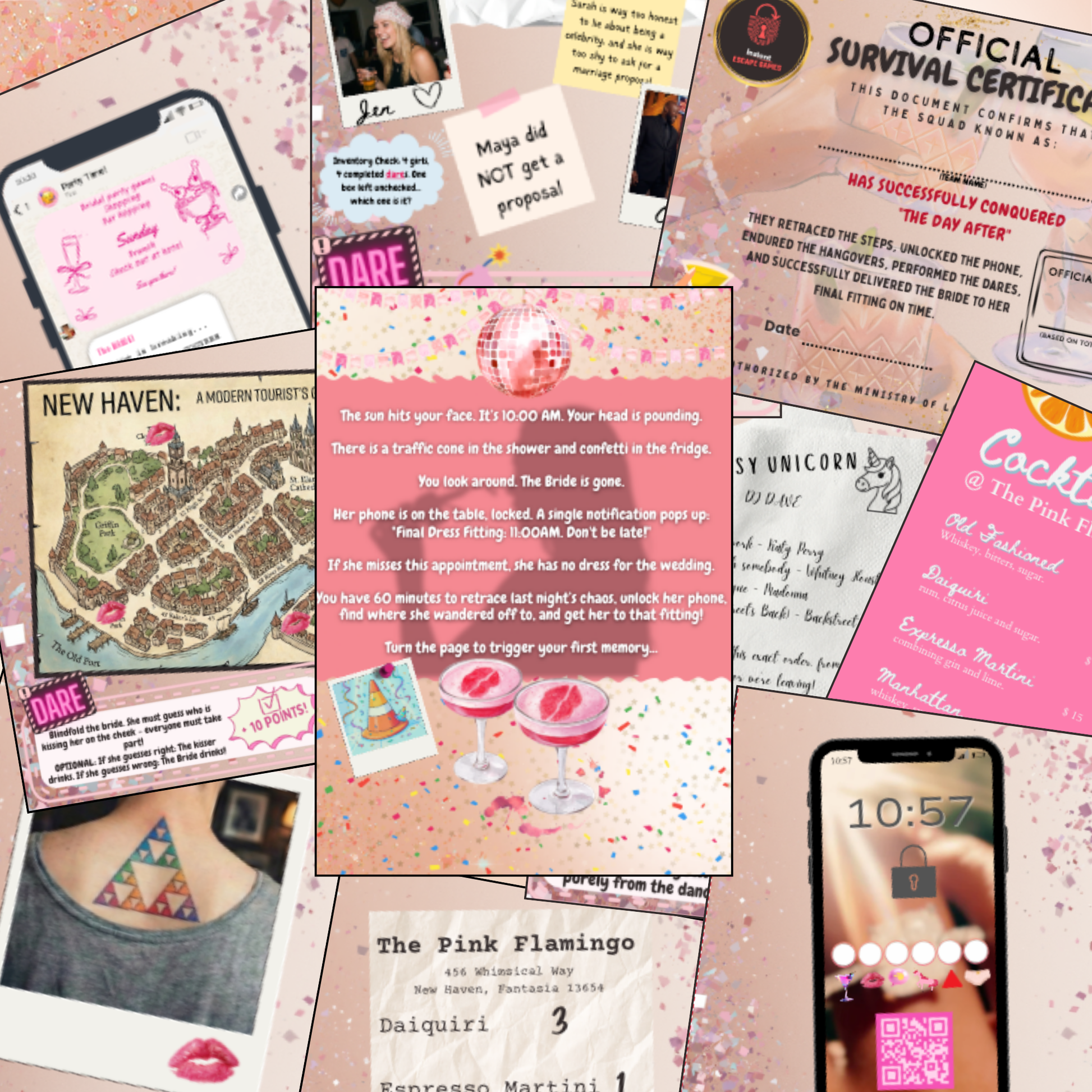 Bundle of printable scavenger hunt clues and logic puzzles for DIY Hen and Bachelorette parties at home.