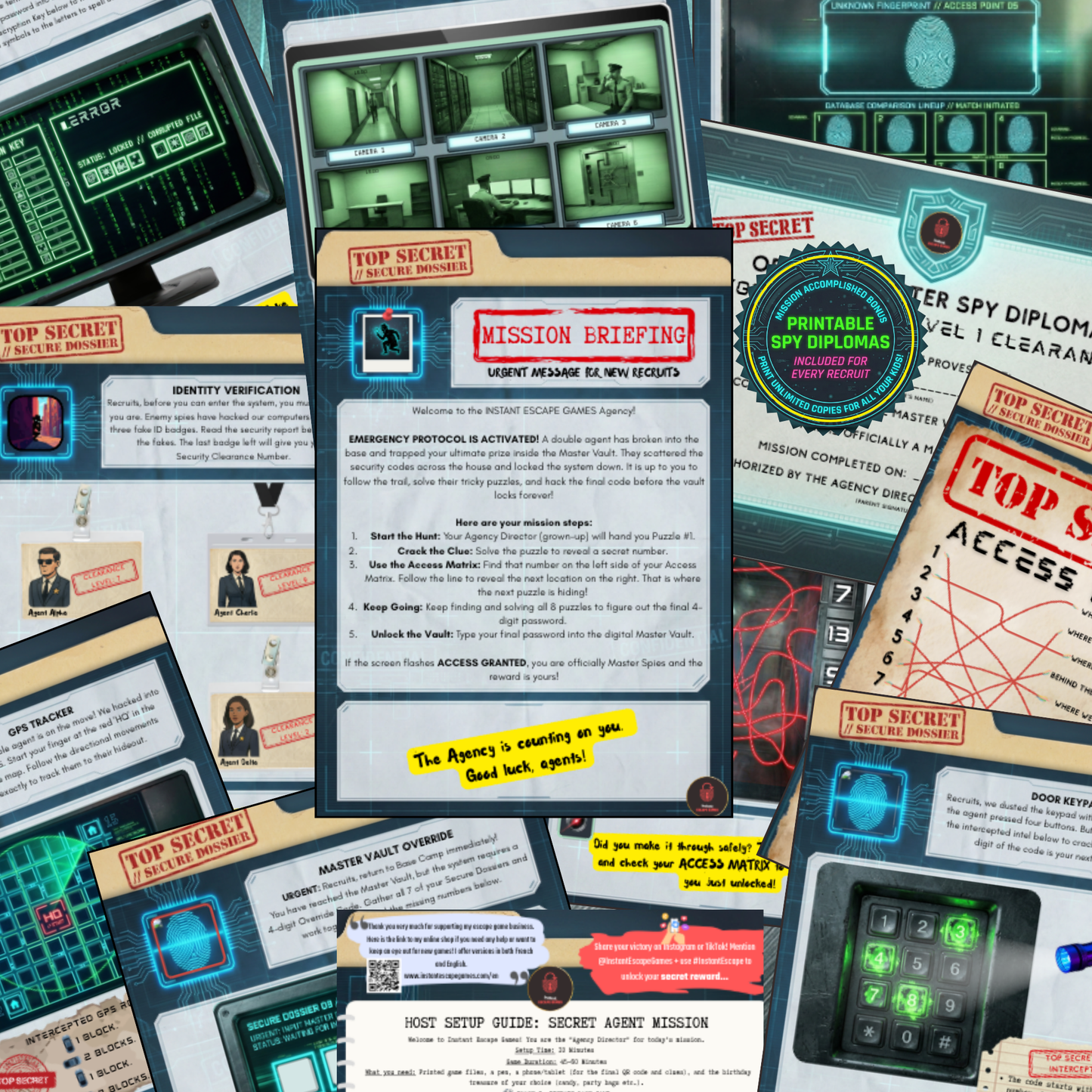 A collection of printable spy escape room puzzles, secure dossier files, and mission accomplished diplomas included in the instant download kids party kit.