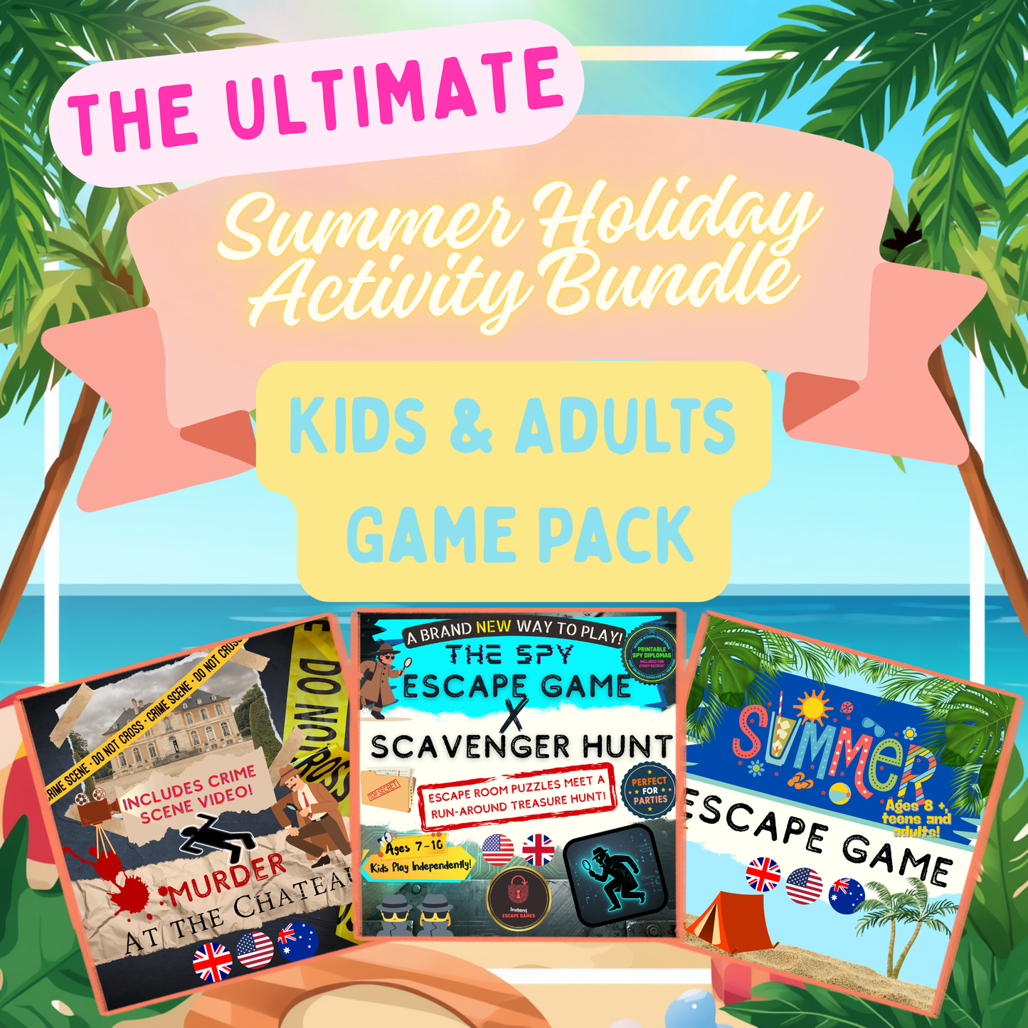 Summer holiday survival bundle for families featuring a printable spy scavenger hunt, tropical escape room, and adult murder mystery game.