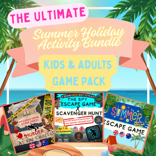 Summer holiday survival bundle for families featuring a printable spy scavenger hunt, tropical escape room, and adult murder mystery game.