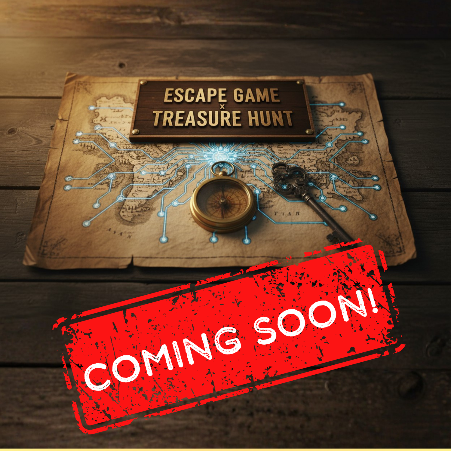A rustic wooden table with a vintage compass, an old key, and a map, featuring the text "Treasure Hunt x Escape Game Kits - Coming Soon."