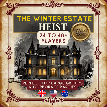 Printable corporate team building game for large groups - The Winter Estate Heist Large Group Edition for 24 to 48+ players