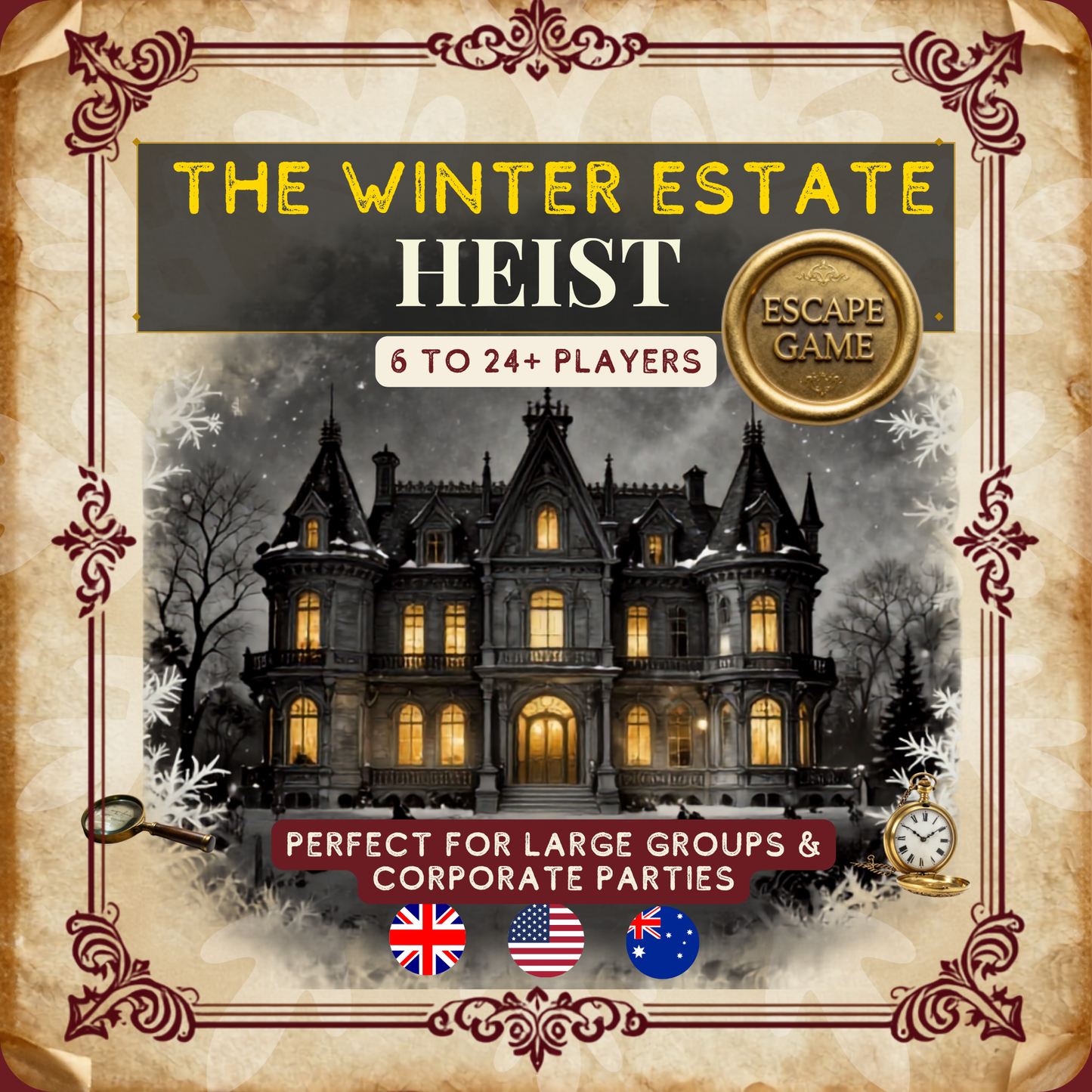 Printable murder mystery escape room game for large groups — The Winter Estate Heist by Instant Escape Games