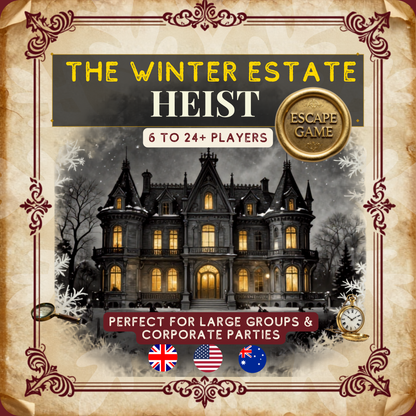 Printable murder mystery escape room game for large groups — The Winter Estate Heist by Instant Escape Games