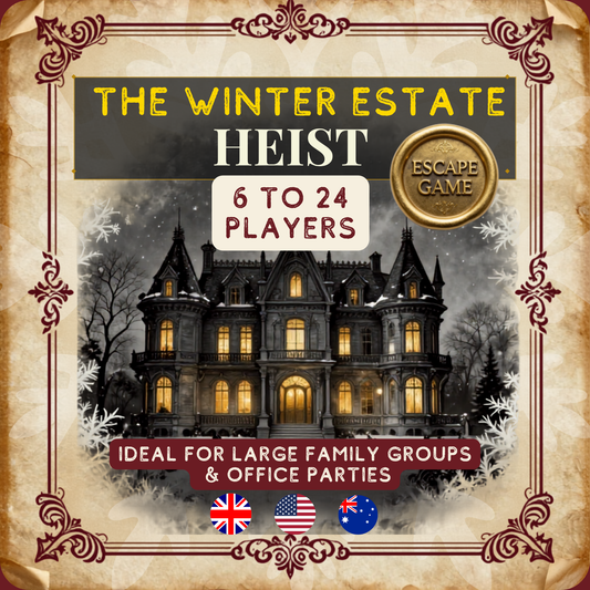 Printable murder mystery escape room game for large groups — The Winter Estate Heist by Instant Escape Games
